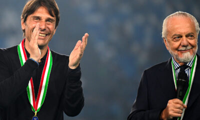 Antonio Conte e Aurelio De Laurentiis alla festa per il quarto scudetto del Napoli