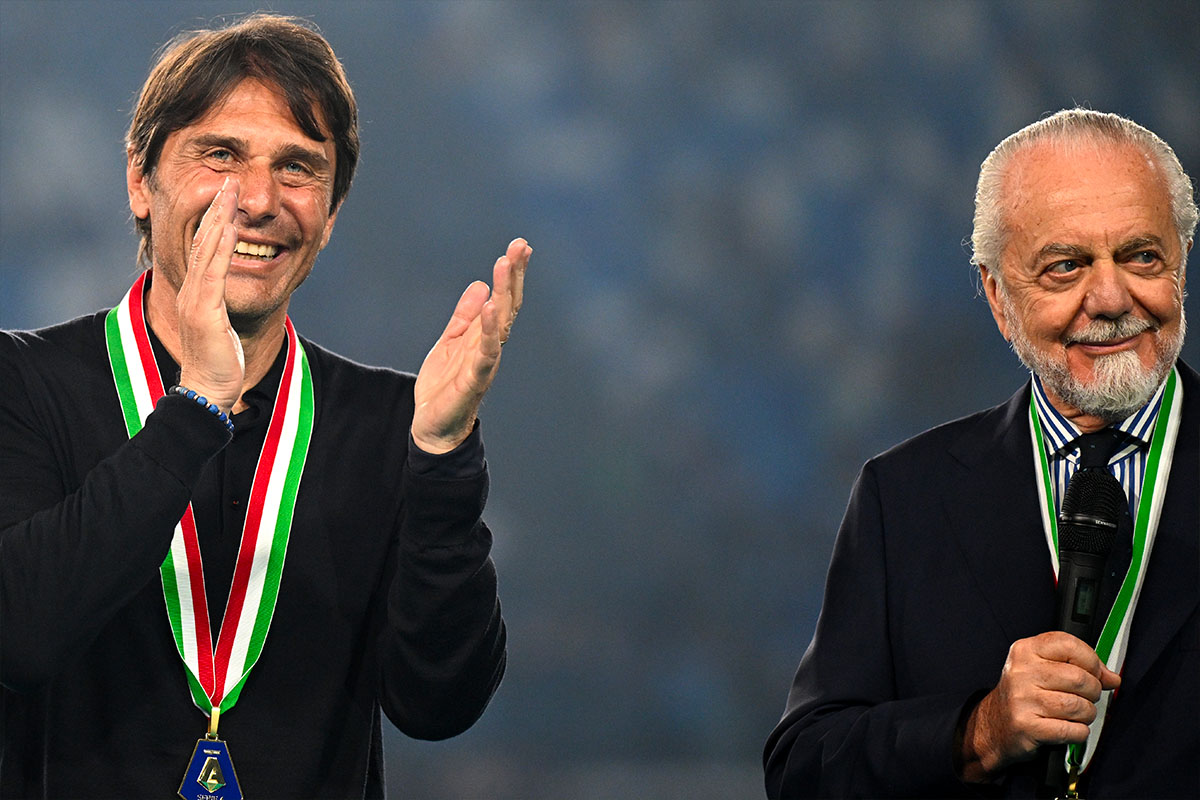 Antonio Conte e Aurelio De Laurentiis alla festa per il quarto scudetto del Napoli