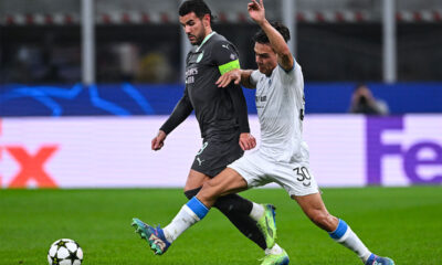 Theo Hernandez e Ardon Jashari durante un contrasto di gioco in Milan-Club Brugge a San Siro