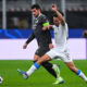 Theo Hernandez e Ardon Jashari durante un contrasto di gioco in Milan-Club Brugge a San Siro