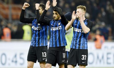Ranocchia, Vecino e Skriniar con la maglia dell’Inter in campo a San Siro