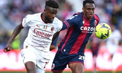 Origi contro Lucumi in Bologna-Milan di campionato Serie A