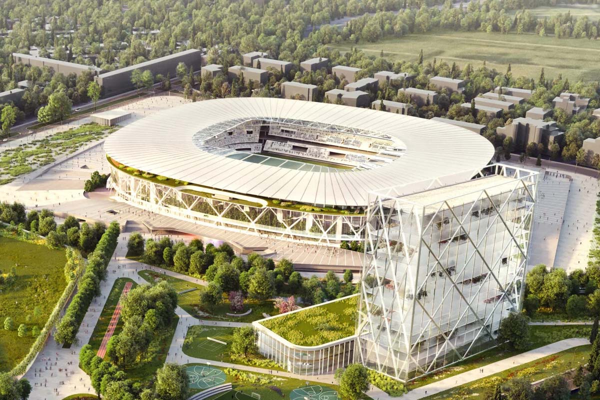 Rendering del nuovo stadio di Milano per Milan e Inter con design moderno e capienza da 70mila posti