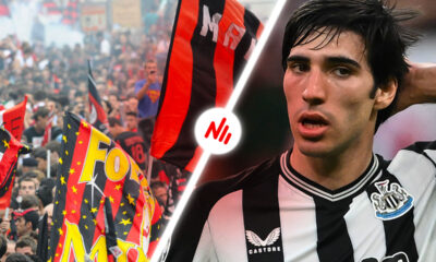 Sandro Tonali con la maglia del Newcastle e i tifosi del Milan che festeggiano lo Scudetto in piazza Duomo
