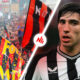 Sandro Tonali con la maglia del Newcastle e i tifosi del Milan che festeggiano lo Scudetto in piazza Duomo