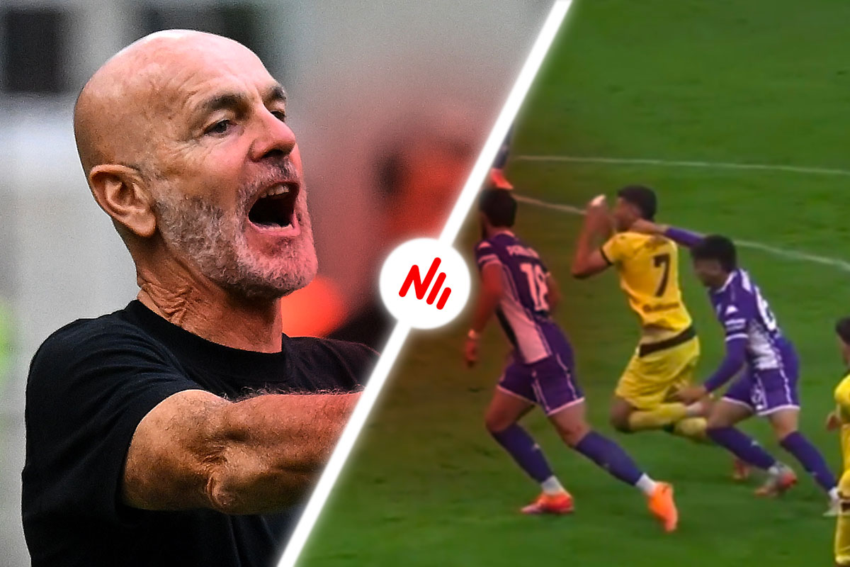 Immagine di Stefano Pioli e del fallo di Parisi su Gimenez nel rigore di Milan-Fiorentina